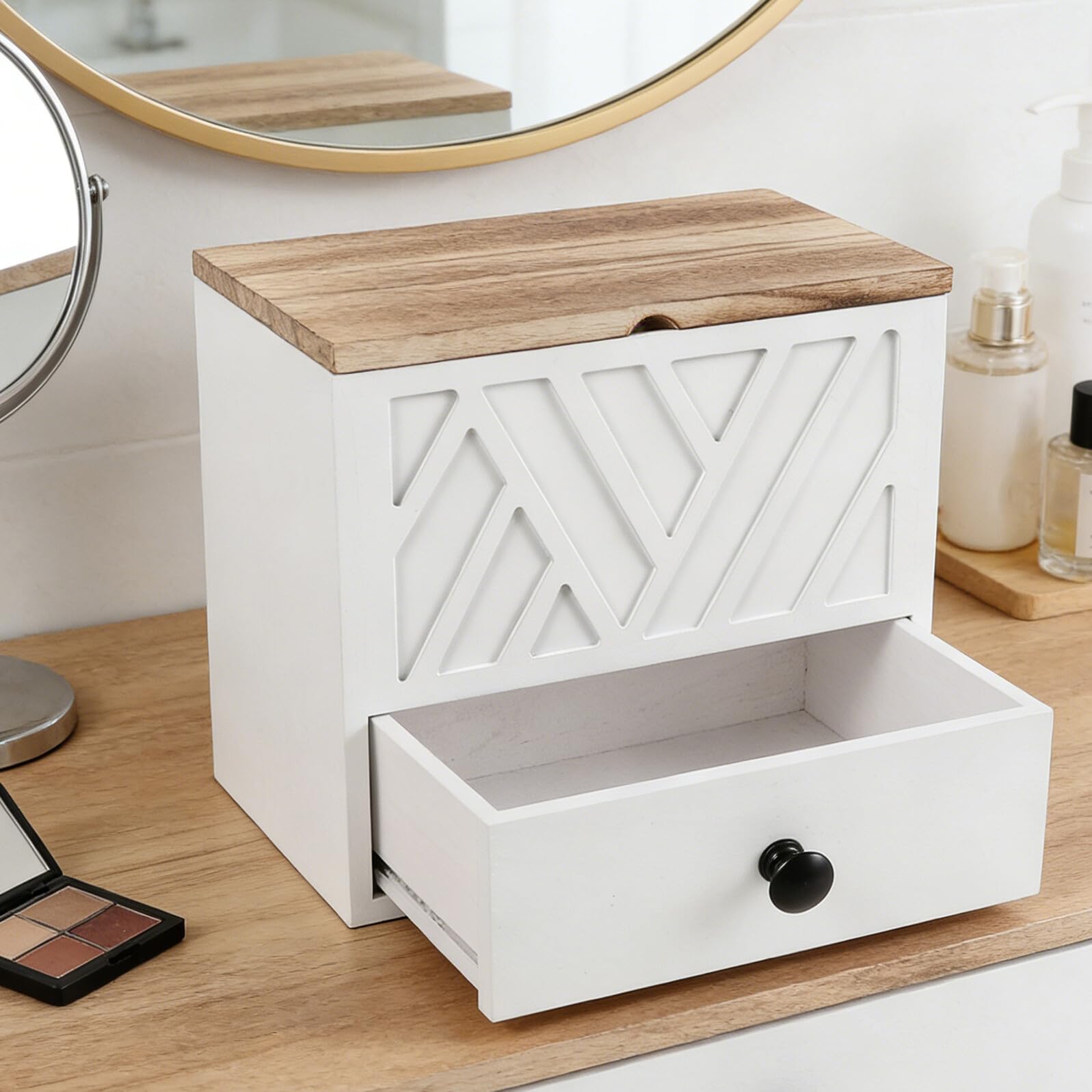 Box Porta Assorbenti in Legno Bianco a Doppio Livello con Cassetto | 9, 37x8, 78x5, 71 Pollici, Finitura Venatura Elegante, Design Essenziale per Piano Bagno