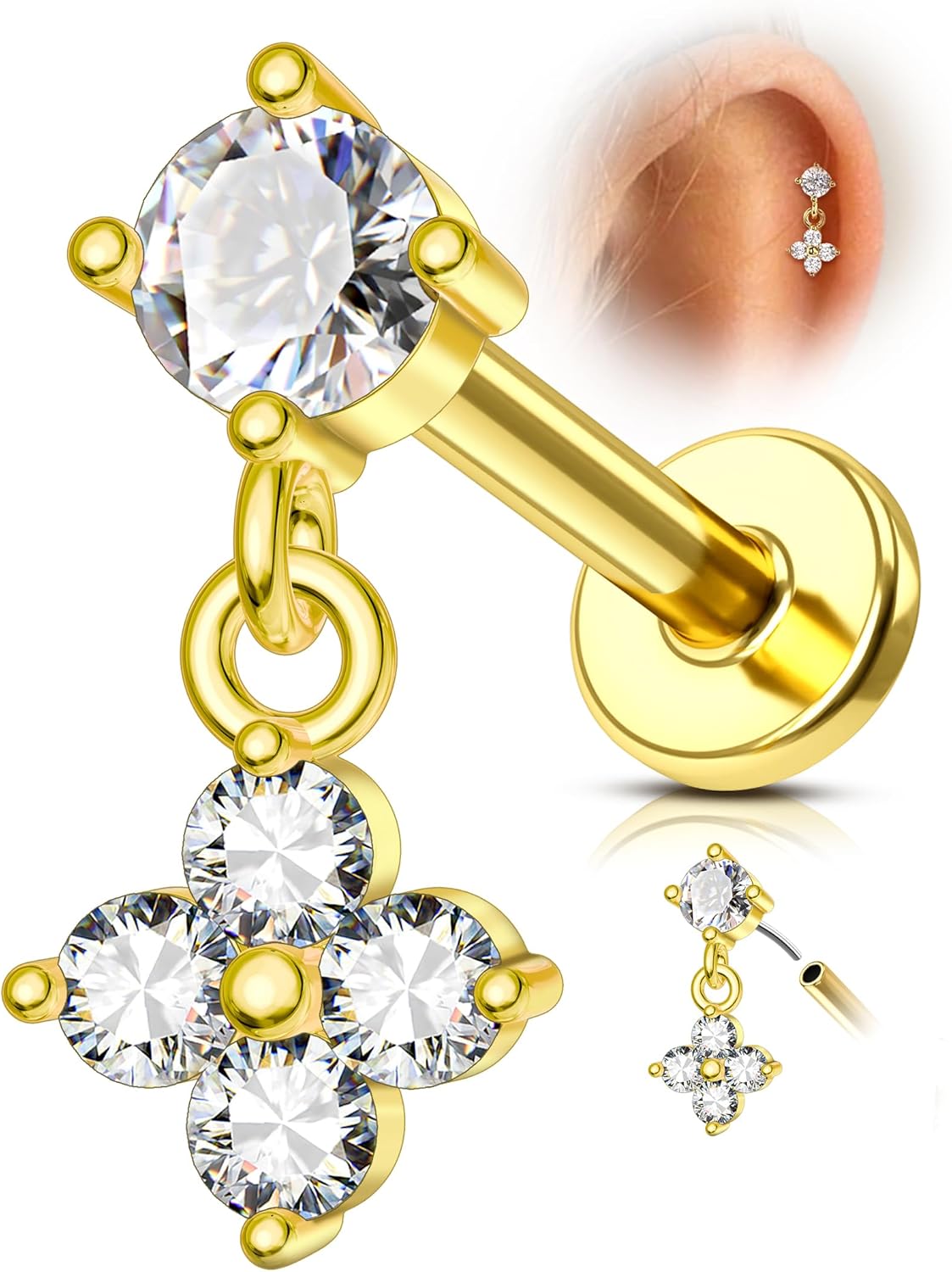 Flat Back Dangling Flower Titanium Cartilage Earring 16G Gold Plated Helix Earrings Push in Helix Tragus Piercing Jewelry Surgical Steel 6/8MM