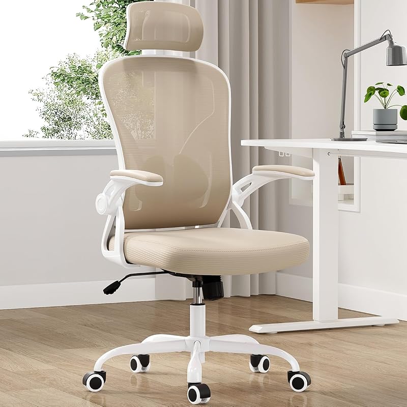 Farini Ergonomic Office Chair, Home Office Desk Chair with Headrest, High Back Swivel Computer Chair with Armrests and Adjustable Lumbar Support for Home Office Study Room, White & Khaki