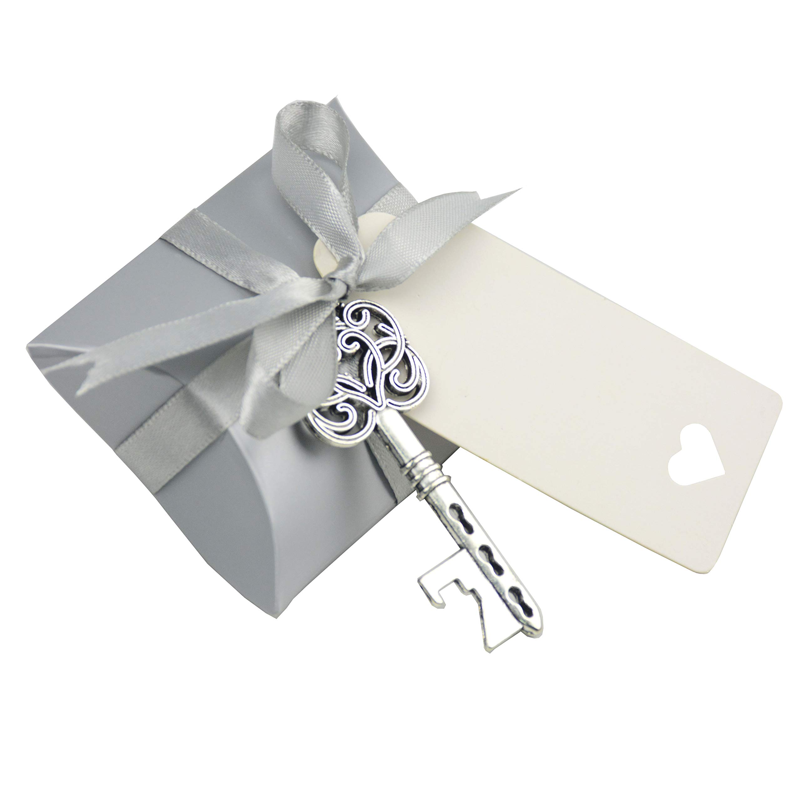 Makhry 50 pz Vintage Chiave Apribottiglie Matrimonio Chiave Apribottiglie Matrimonio Bomboniere Souvenirs Set con Etichetta di Ringraziamento e Nastro Francese(Argento Antico)