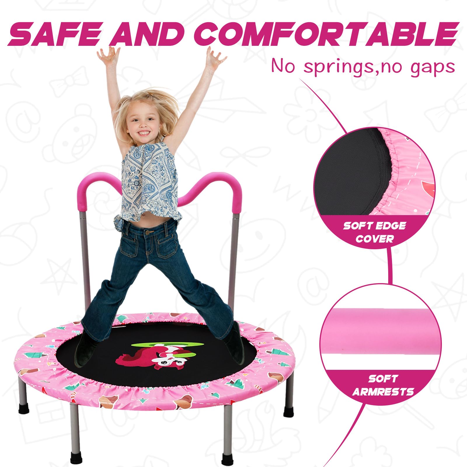 Hüpftrampolin für Kinder mit Schaumstoffgriffen, Kindertrampolin mit verstellbaren Griffen, Klapptrampolin für drinnen und draußen, Fitnesstrampolin für Kinder ab 3 Jahren (Pink)