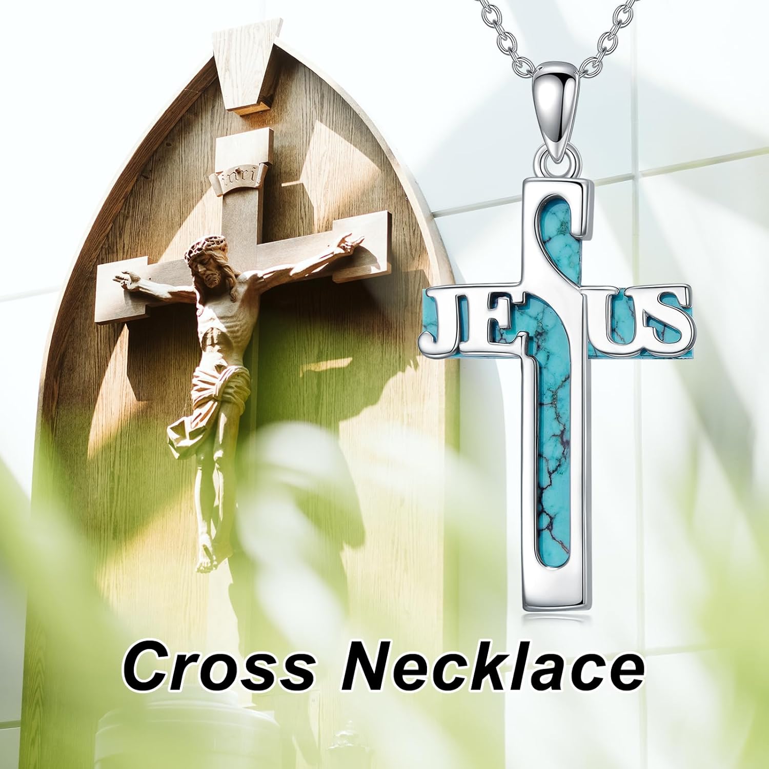 Natural Turquoise Cross Necklace for Women 925 Sterling Silver Religious Cross Pendant Jesus Necklace Genuine Turquoise Religious Jewelry Gifts for Mom Wife - Image 6