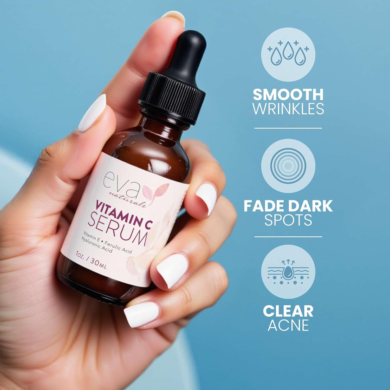 Eva Naturals Vitamin C Serum for Face - 20% Vit C with Hyaluronic Acid, Ferulic Acid & Vitamin E - Facial Serum for Dark Spots, Acne, Anti Aging, Glow & Even Skin Tone, 1 oz - Image 2