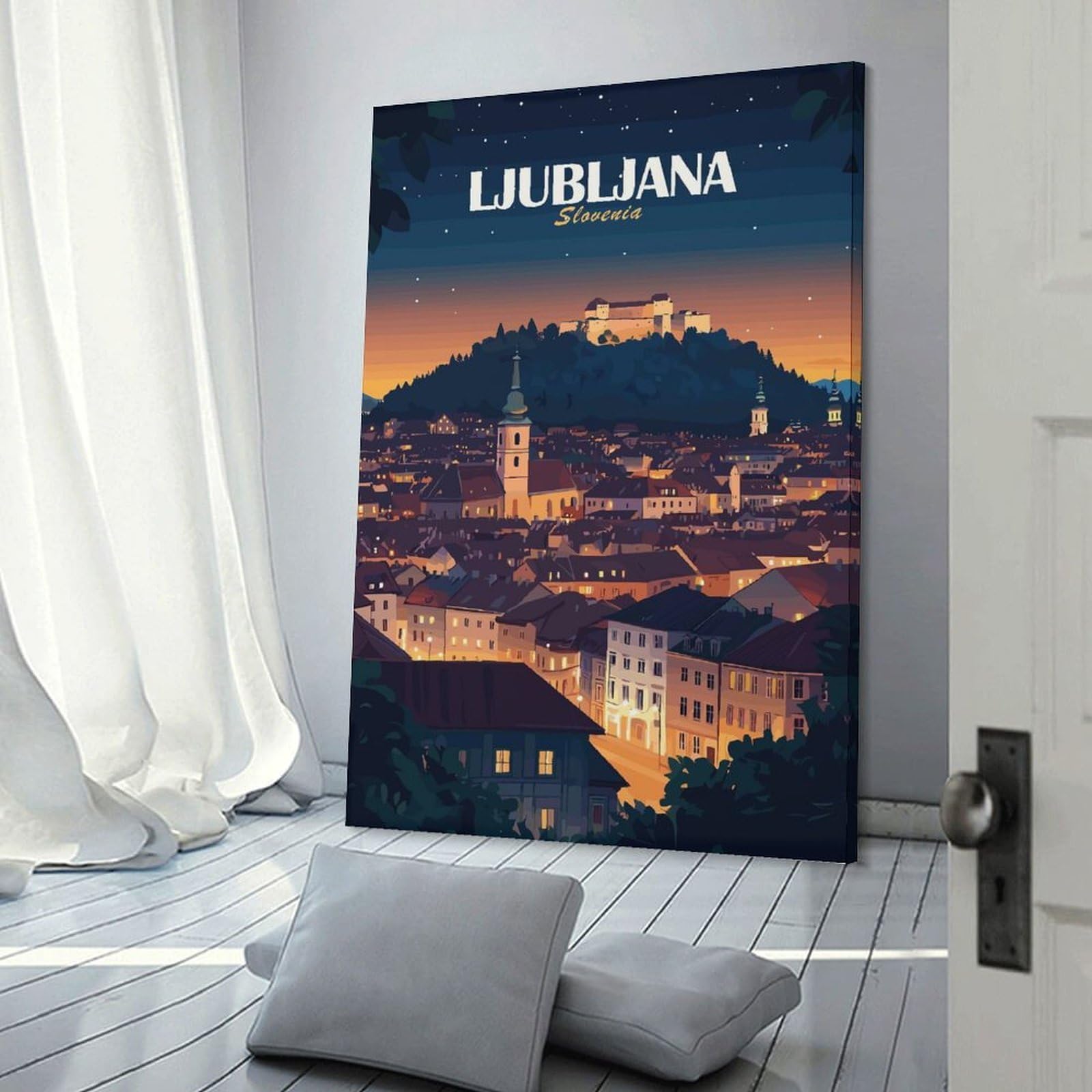 Junmoney Ljubljana Slovenia Cityscape at Night Hanging Wall Art 12x18inch(30x45cm), for Bedroom Walls, Guest Spaces Or Lounges, An Easy Wall Refresh for Bedrooms