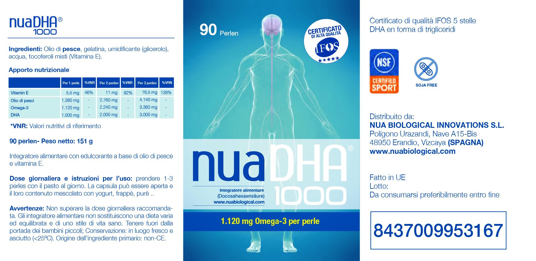 Nua Biological - NuaDHA 1000, Integratore Alimentare Omega-3 con DHA (da Olio di Pesce) - 90 Capsule in Forma di Trigliceridi (1000 mg di DHA per Capsula)