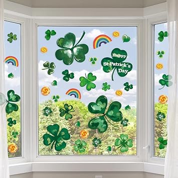 St Patricks Day Window Clings Decorations Extra Large Shamrock Window Stickers for Glass Windows, Good Luck Clover Window Decal for Home Party