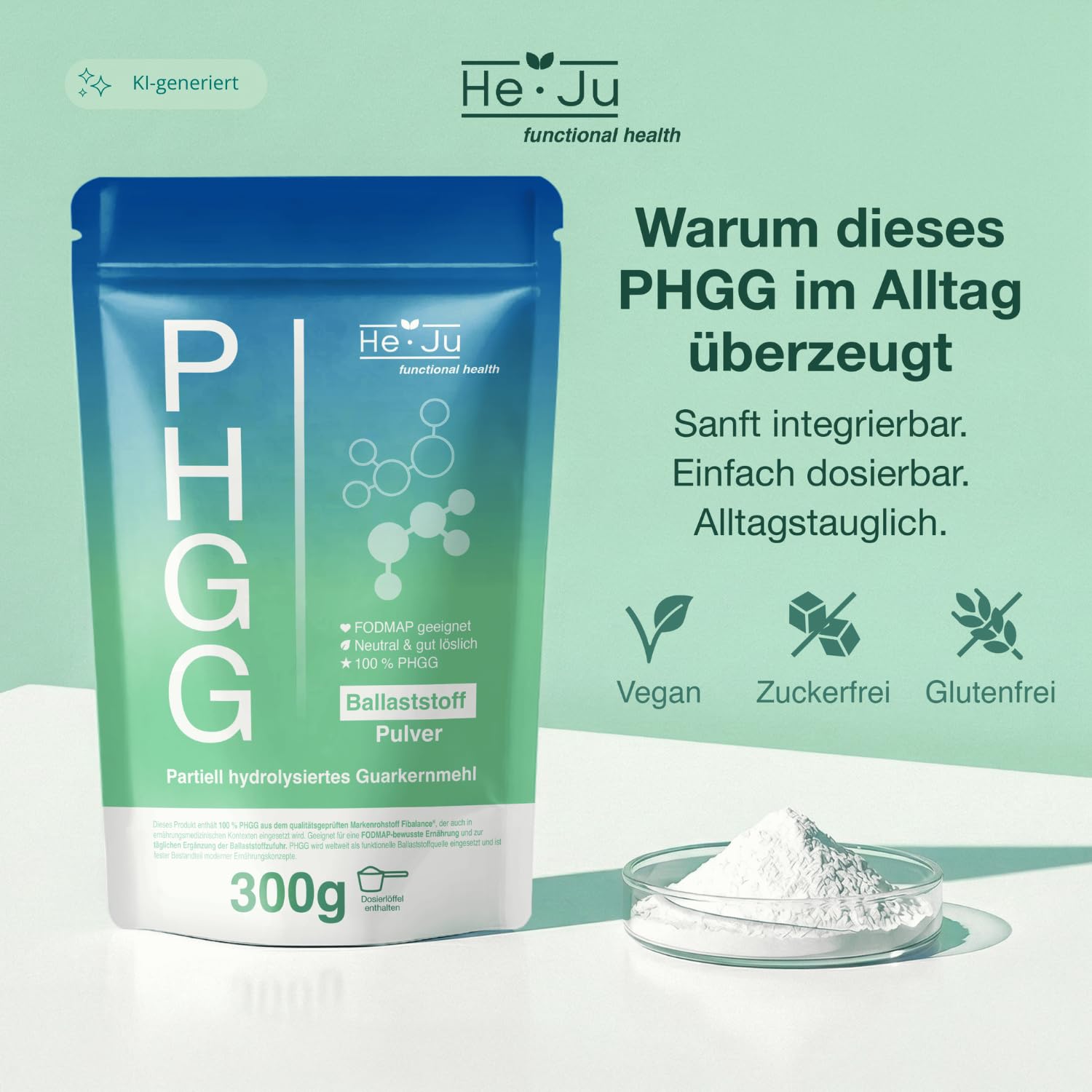 He-Ju PHGG Poudre de fibres (Fibalance®) 300 g, fibres FODMAP 60 portions, 100 % poudre PHGG avec cuillère doseuse de 1 g, neutre et bien soluble, testée en laboratoire