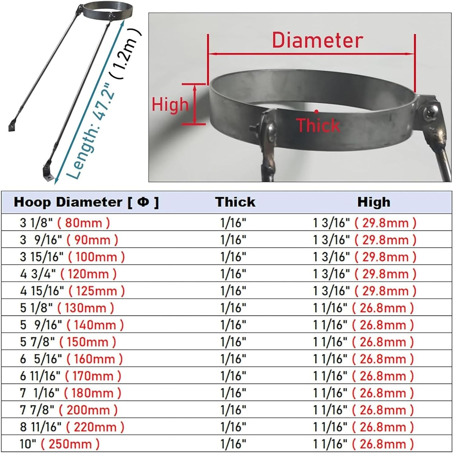 Stainless Steel Wall Mount Pipe Support Bracket Kit, Stove Chimney Pipe Clamps, Roof Brace & Draining Pipe Fixers (Hoop Dia 5 1/8" - 130mm)