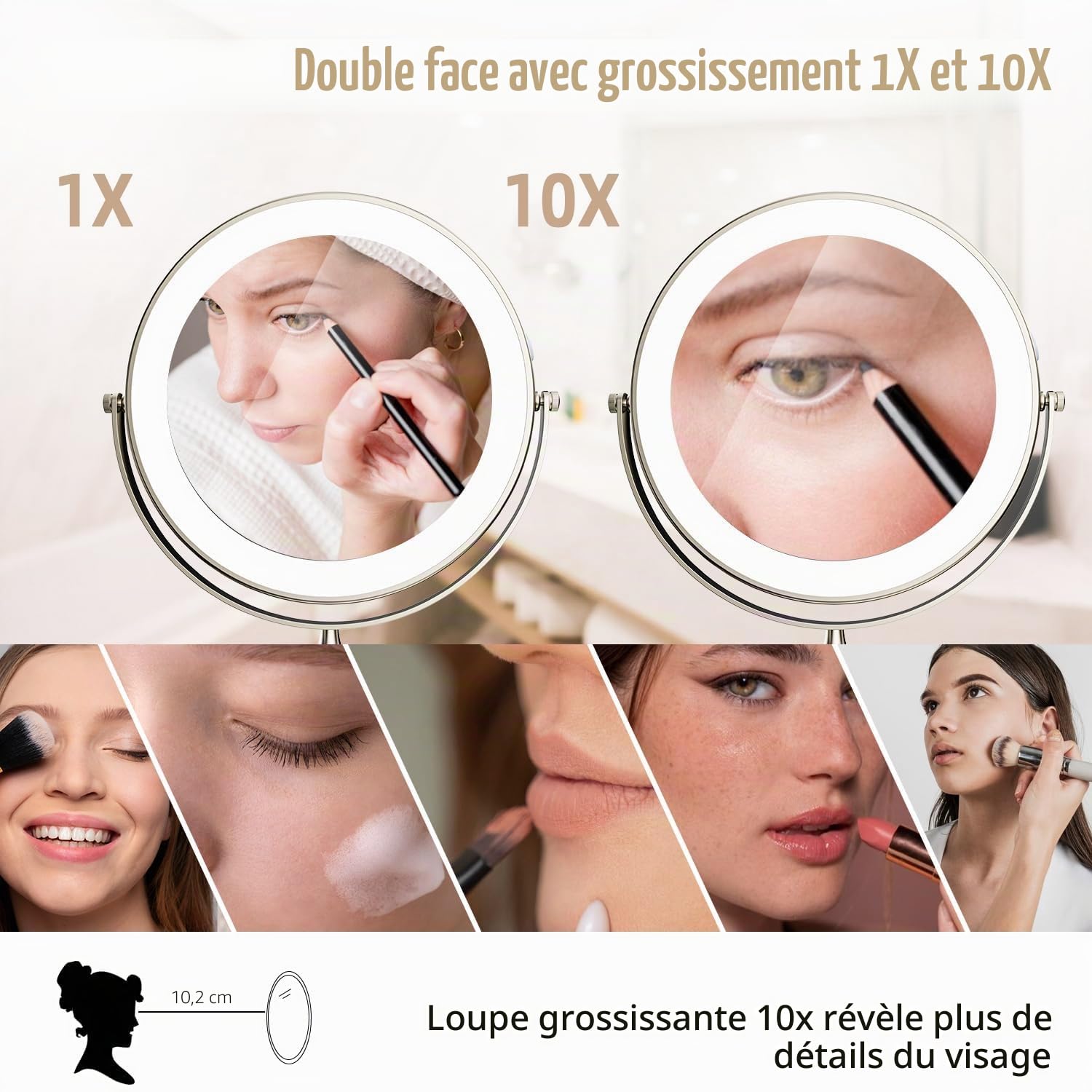 Miroir Grossissant Lumineux 1X/10X Mural Miroir Grossissant Lumineux Mural et 360°Pivotant 3 couleurs luminosité et température de couleur réglables USB Rechargeable, pour coiffeuse, salle de bain