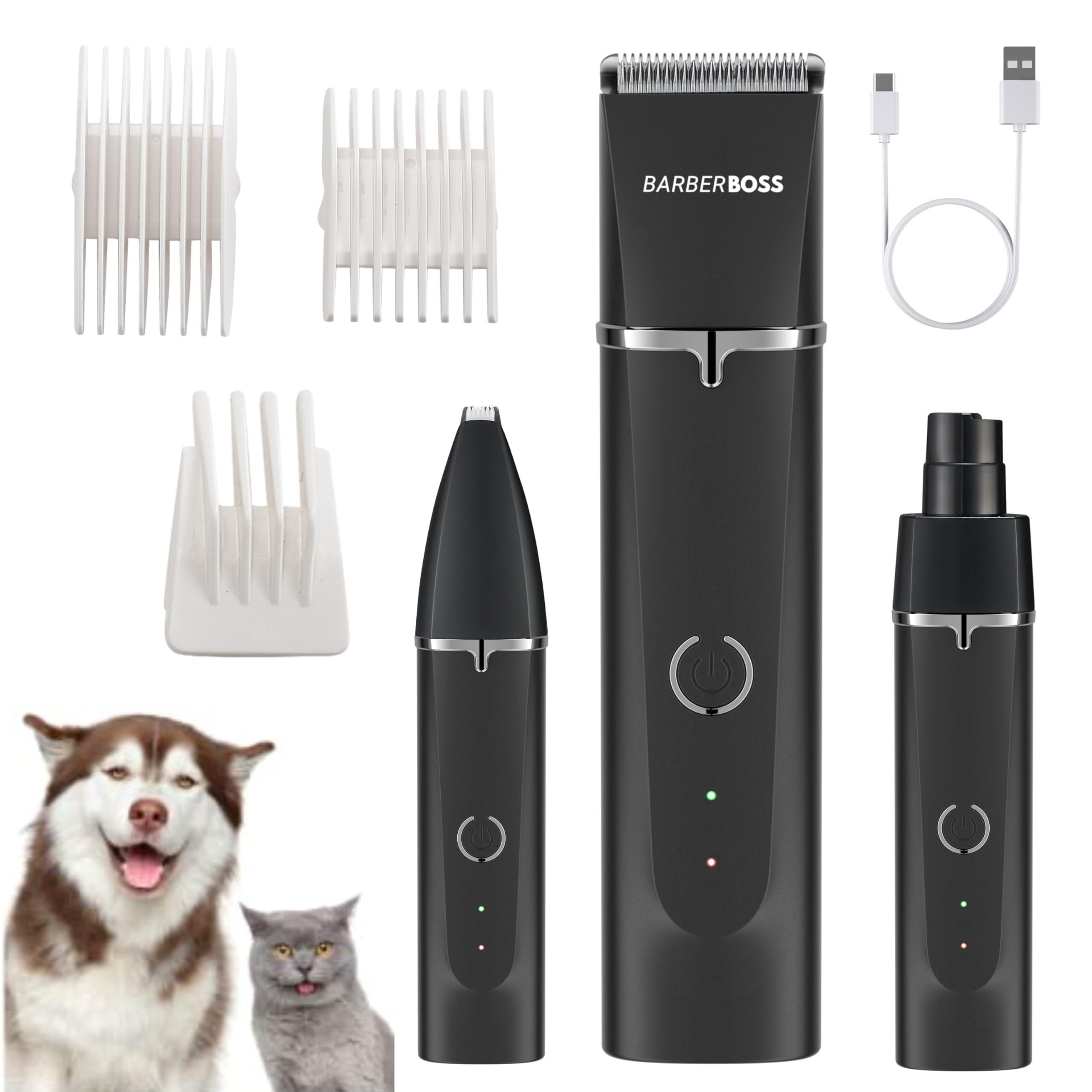 BarberBoss All-in-One Dog Grooming Kit, Professional Pet Clippers for Waterproof Pet Groomer with Nail Grinder, Cordless Dogs Groomer, Cats Hair Clippers