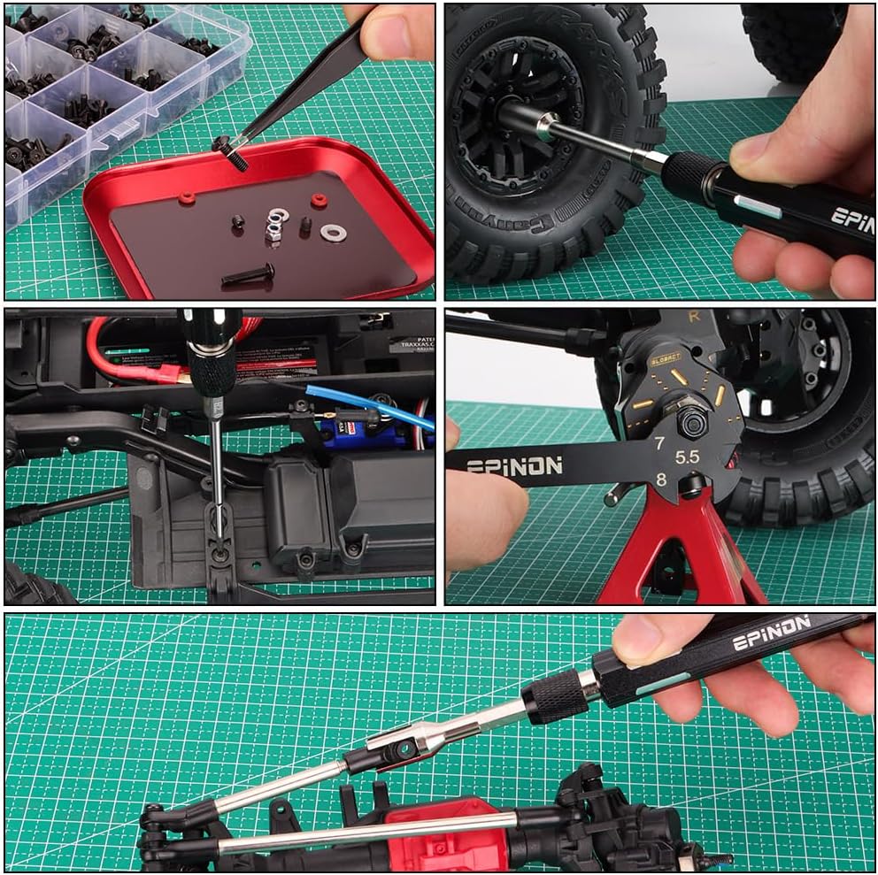 RC Car Repair Work Stand Repair Tool Set 360 Degree Rotation and 520 Pcs RC Screws Kit and RC Screwdrivers and Screws Pallet for 1/8 1/10 1/12 1/16 1/18 RC Car Crawler Truck Buggy (Black)