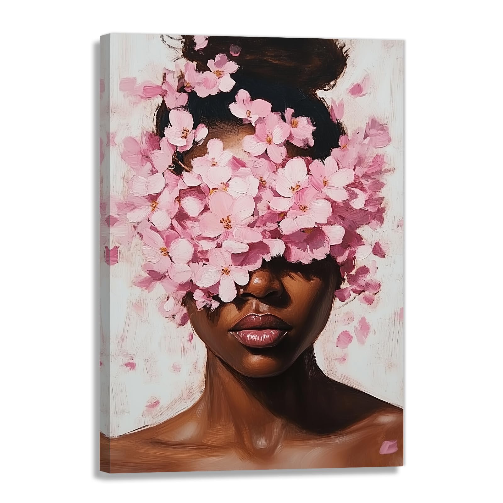 KPLUNDO Black Woman Wall Art Pink Black Girl With Floral Paintings African American Canvas Print Fashion Home Decoration Living Room Decor(Artwork-