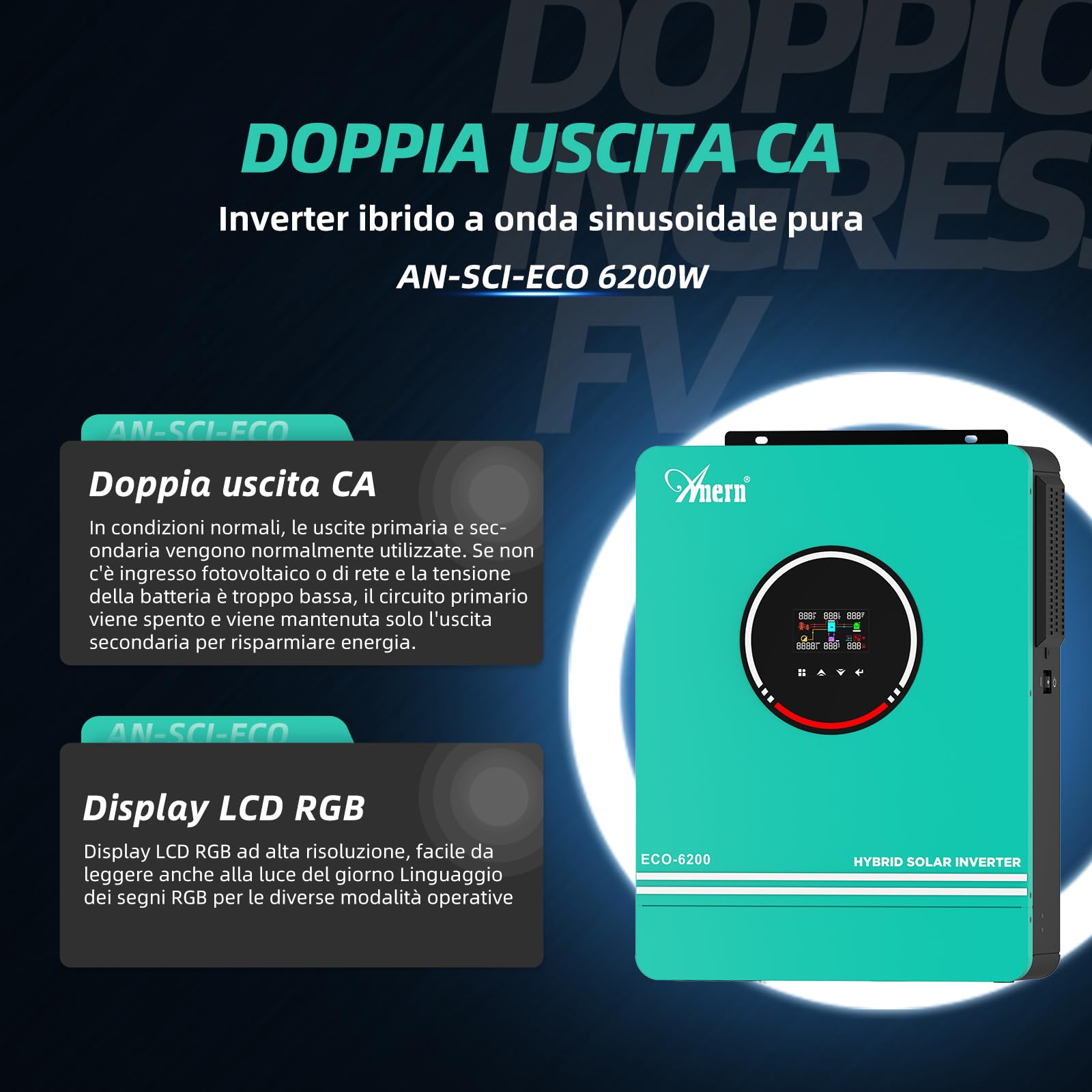 Anern 6200W Inverter ibrido 48V, Uscita 230V con regolatore solare 120A, PV 90~500Vdc, inverter off grid a onda sinusoidale pura con modulo WiFi, funziona senza batteria