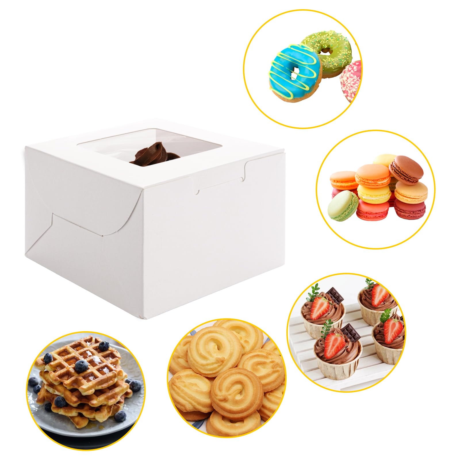 CYEER Paquete de 100 cajas para tartas, 4 x 4 x 2.5 pulgadas, cajas individuales blancas para cupcakes, pequeñas cajas para pasteles de panadería con ventana, mini cajas de dulces para porciones de
