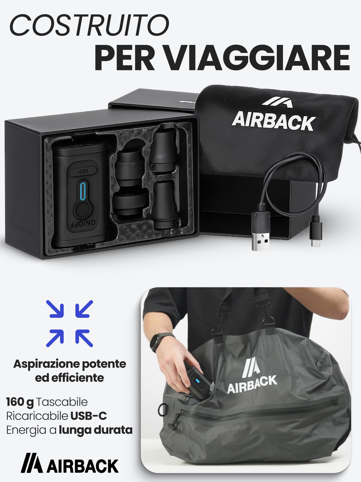 Pompa ad aria compatta Airback – Pompa elettrica portatile per vuoto, ricaricabile, potente aspirazione, accessorio da viaggio leggero per bagagli Airback
