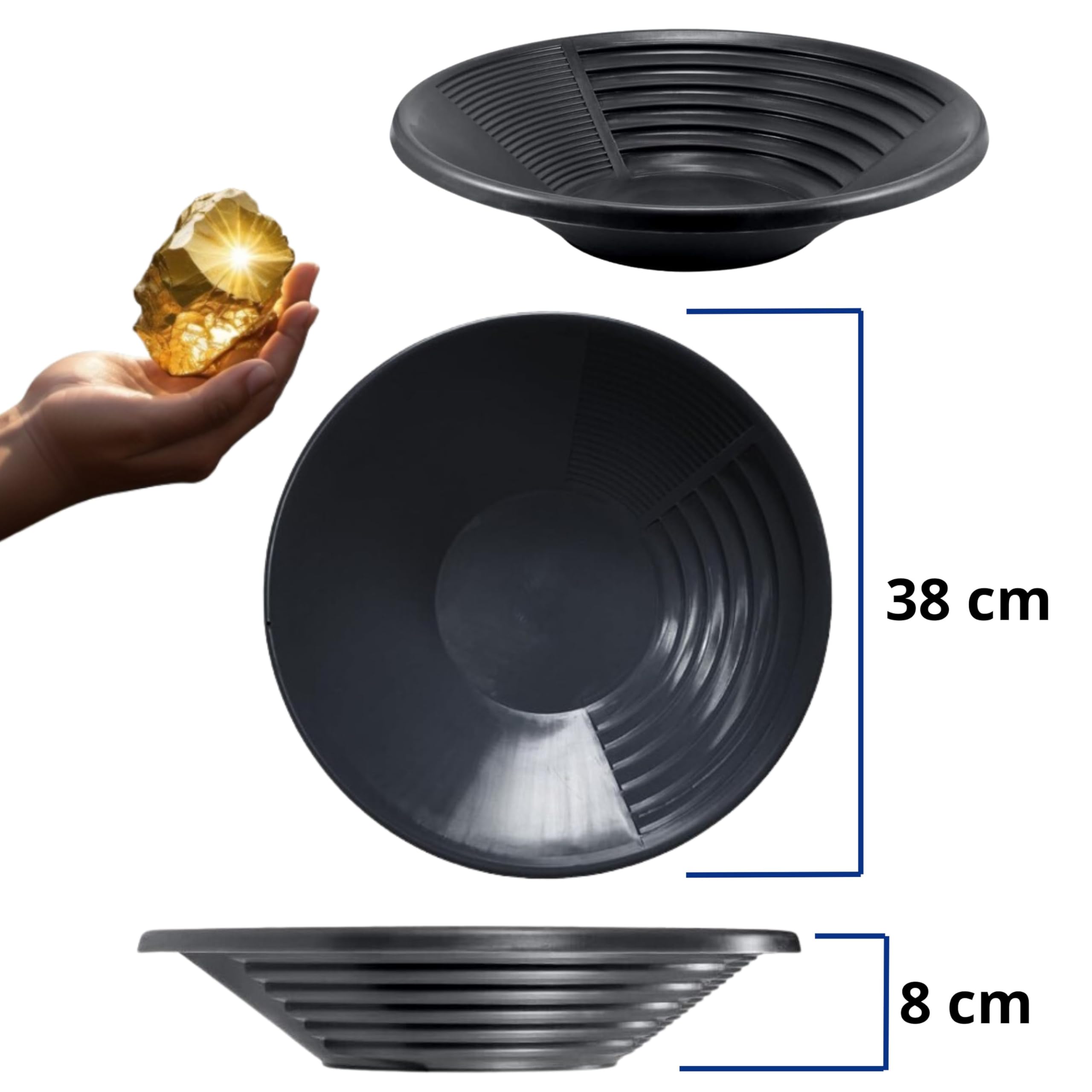 Bateas para Buscar Oro de 38,5cm, Bandeja de Lavado de Oro, Batea Oro para Minería y Prospección, Batea para Oro en Ríos, Arroyos, Zonas Mineras y Excavaciones, Accesorio esclusa para Lavar Oro