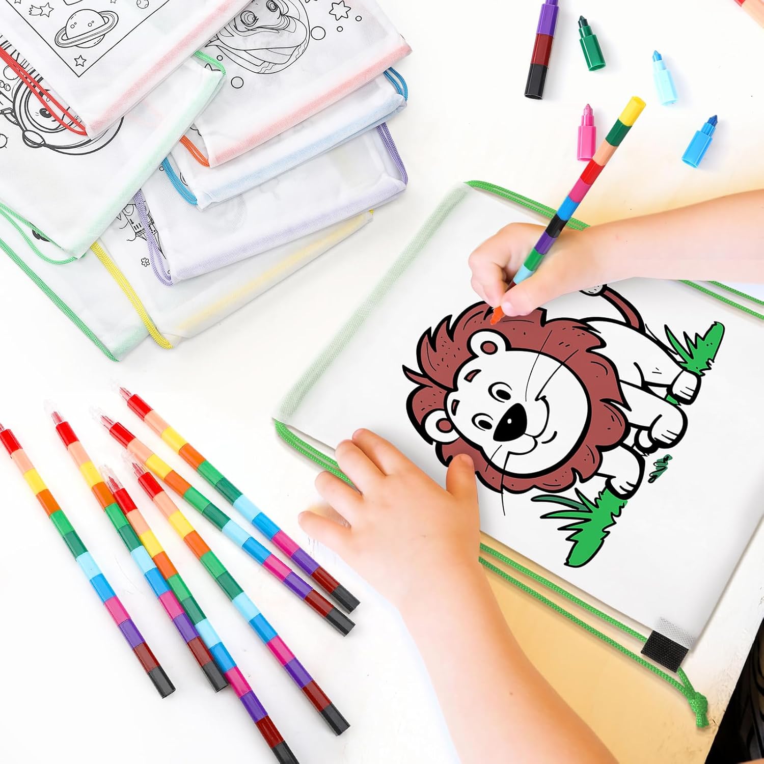 Dansydaisy 24 Set Colorable Drawstring Backpacks Bulk with 24 Stackable Crayons (12 Colors in One) Cute Cartoon Coloring Goodie Gift Bags for Return Gift Birthday Wedding Art Party Favor DIY Craft