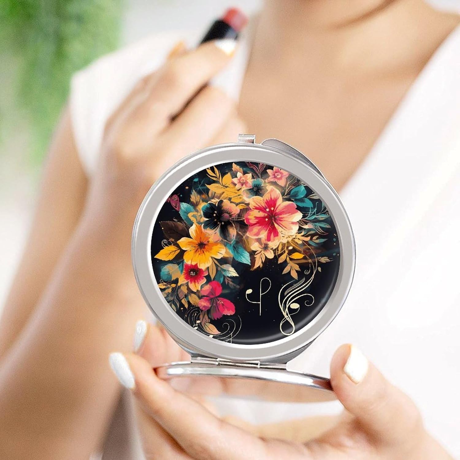 Travel Colorful Flowers Makeup Mirror Compact Pocket Vanity Mirror Double-Sided 2X /1x Magnifying Round Folding Handheld Cosmetic Beauty Mirrors for Purse Handbag image 4