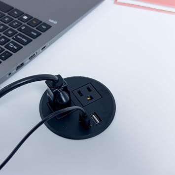 ApexDesk Desktop Power Grommet with Two Power Sockets, Two Quick USB Charging Ports, 6ft Power Cord and Lock Ring (Black)