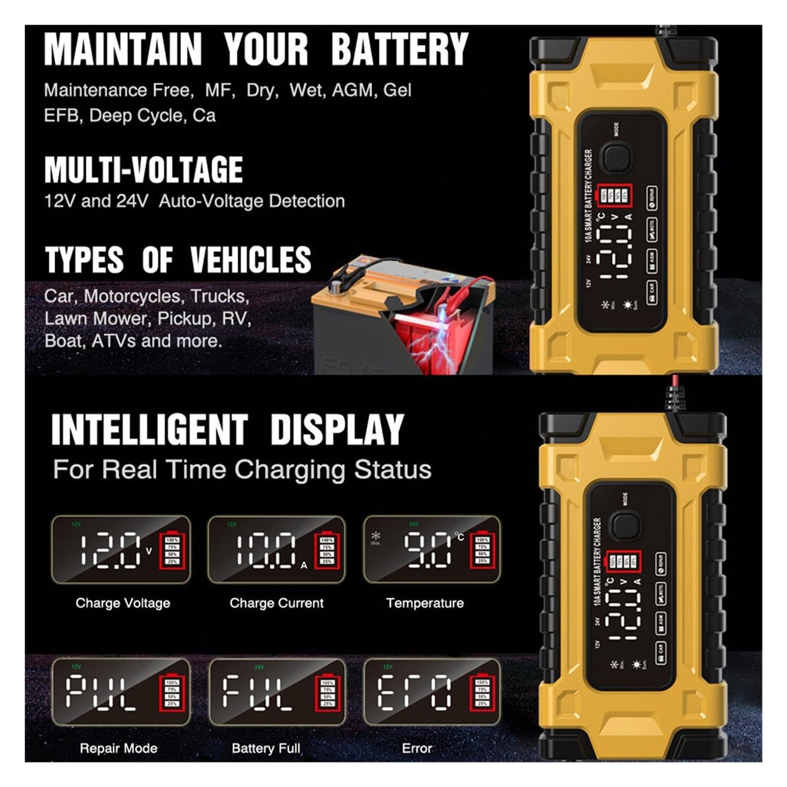 Cargador De Batería Coche 12V Y 24V Carga Automática Inteligente LCD Digital Carga De PrecisióN