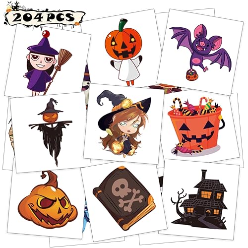 Metker Tatuajes temporales de Halloween para niños y niñas, 204 unidades, impermeables, de calabaza falsa, tatuajes temporales para niños y niñas,