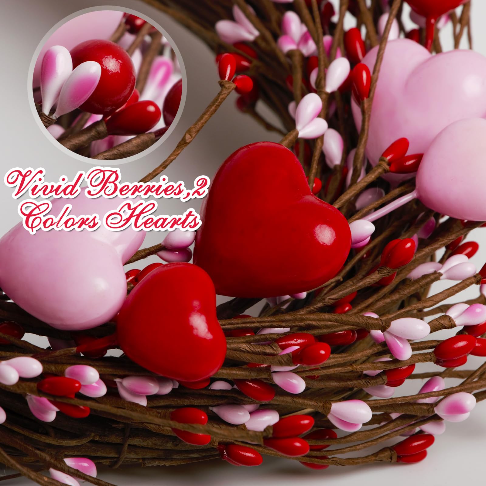 Valentines Day Wreath Decor,14 Inches Artificial Red Pink Berries and Small Pink Hearts,Valentines Wreaths for Front Door Home Indoor,Wedding Anniversary Party