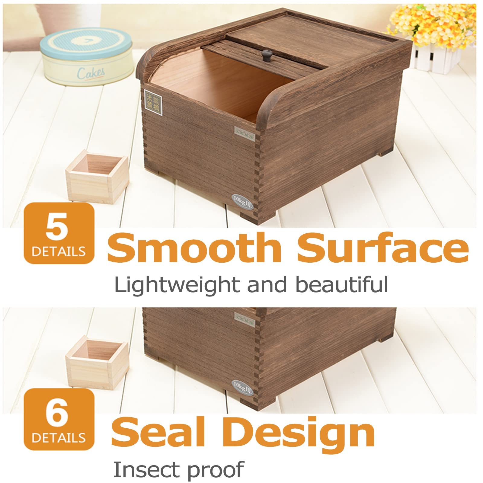 Contenitori per Alimenti Ermetici Dispenser di riso in legno - cibo secco/cereali/farina/fagioli/cereali, scatola di immagazzinaggio sigillata con coperchio, armadi da cucina per la casa, grande capac