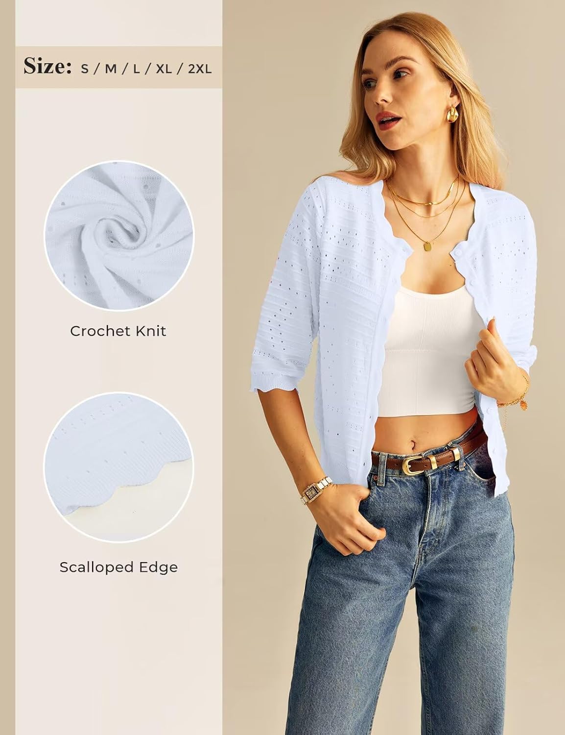 GRACE KARIN Womens 3/4 Sleeve Cardigan Sweater, Lightweight Cropped Cardigan Trendy, Dressy Casual Crochet Bolero Shrugs - Image 3