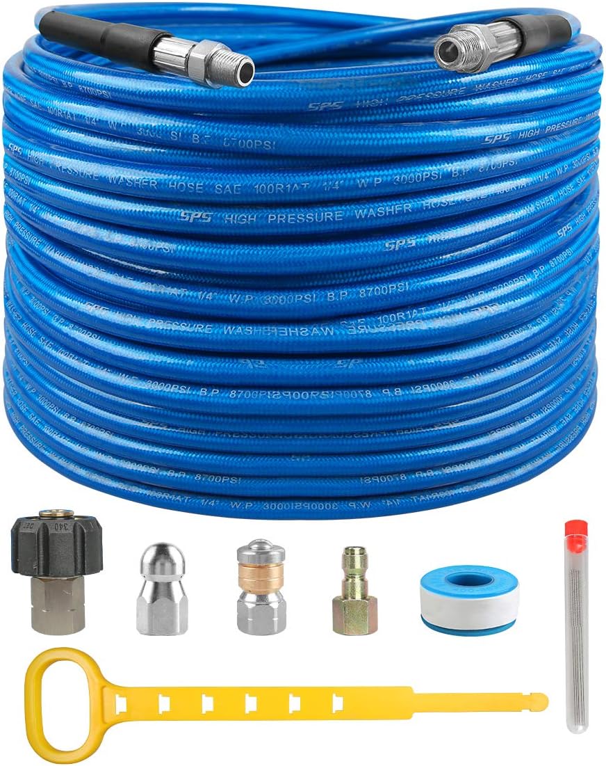 Exclusive Special CHAVOR Pressure Washer Sewer Jetter Kit, 100 FT Drain Cleaning Hose, Rotating and Button Nose Sewer Jetting Nozzle,Orifice 4.0, 4.5, 1/4 Inch NPT, 6090 PSI