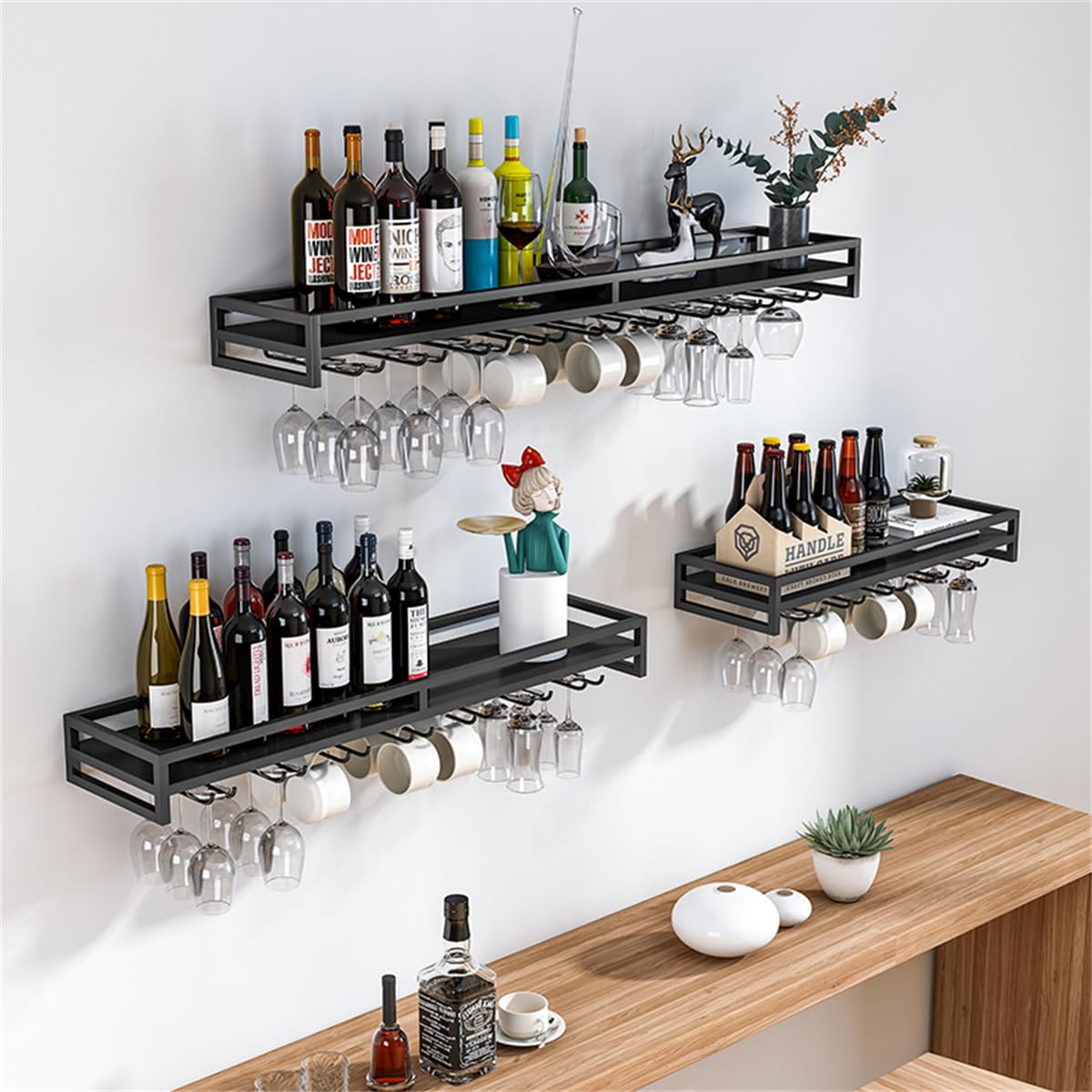 Casiers à vin muraux en métal noir lot de 3 étagères avec porte-verres
