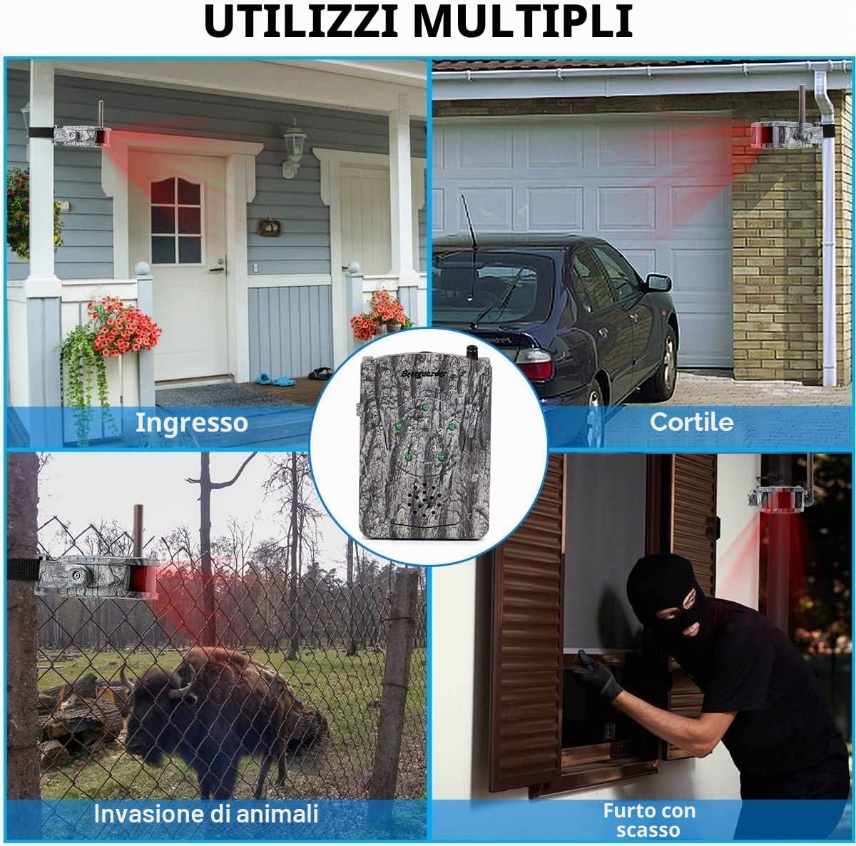 Sensore Movimento Wireless - 984ft Kit di allarme infrarossi esterno 5 sensori di rilevamento di movimento 1 Ricevitore, caccia, sicurezza in casa - 1 Ricevitore 5 Rilevatori