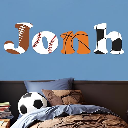 Calcomanía de pared con nombre personalizado con inicial y pelotas deportivas, I fútbol, béisbol, baloncesto, fútbol, decoración de pared,