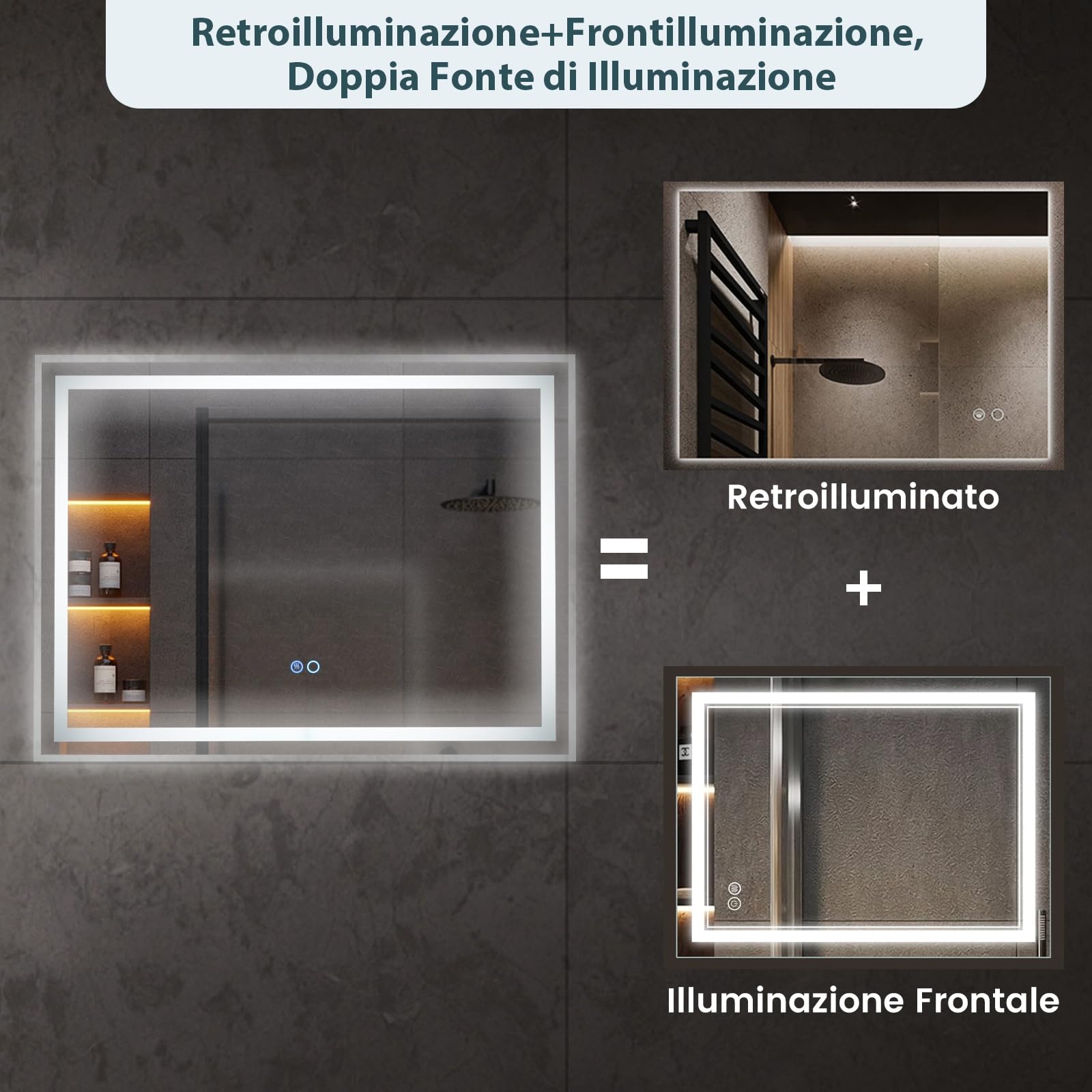 COSTWAY Specchio Bagno Rettangolare con Luce a 3 Colori 80 x 60 cm