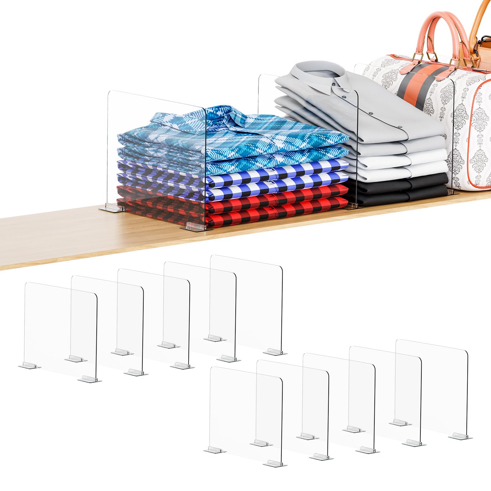 Yieach 10 Pack Acrylic Shelf Dividers for Closet Organization - Suitable for All Cupboard,Wood Shelves -Clear Closet Dividers for T Shirt,Towel,Bag,