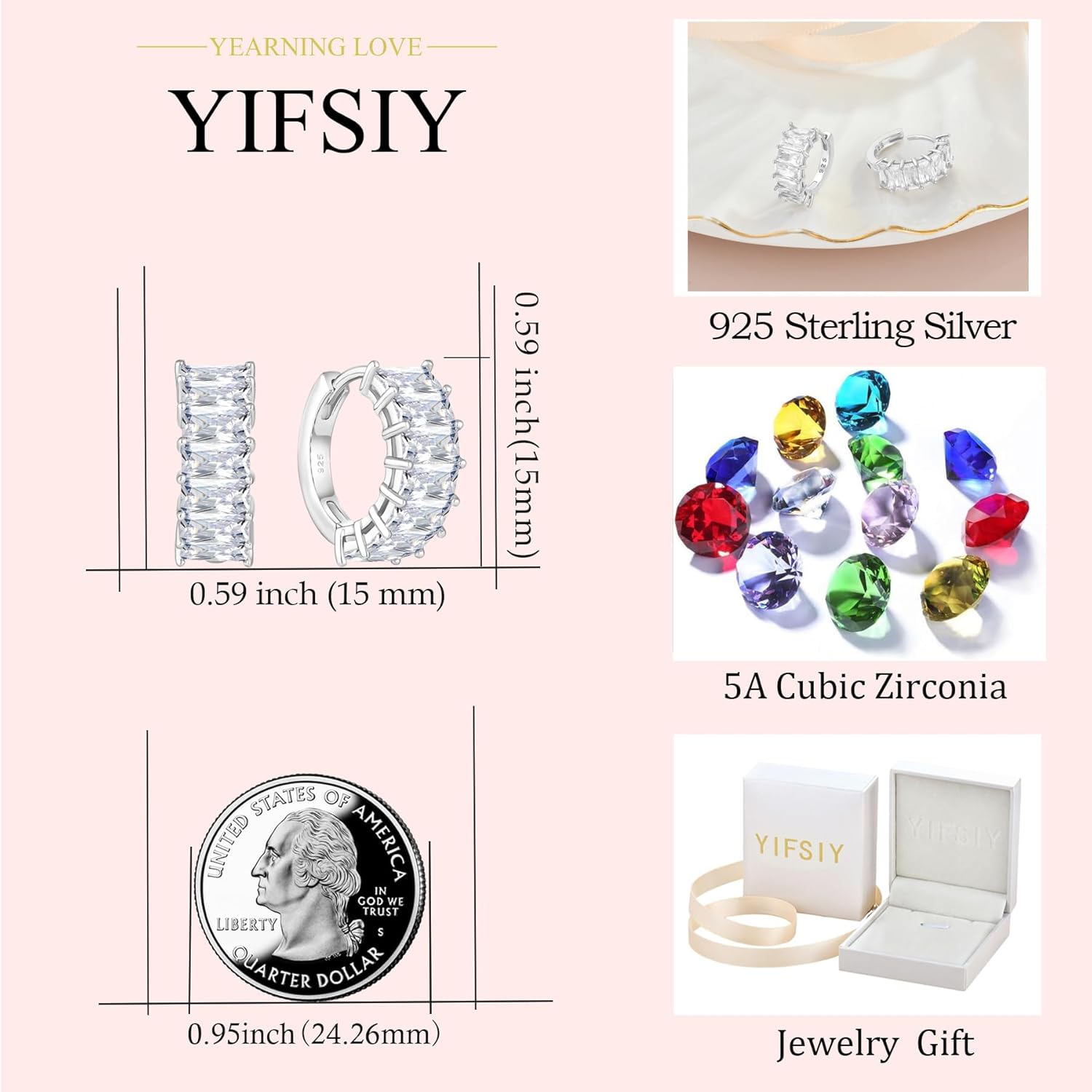 Gemstone Huggie Hoop Earrings, 925 Sterling Silver Baguette Hoop Earring Birthstone Jewelry Gift for Women - Image 6