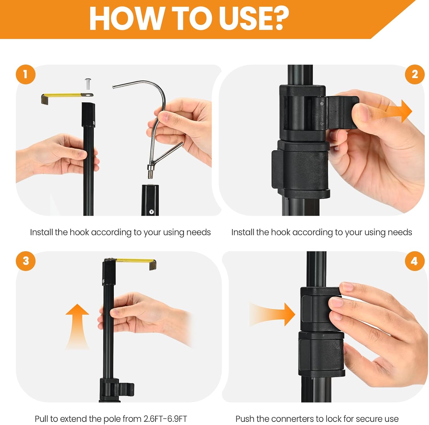 Magnetically Mounted 6.9 Ft Truck Cargo Grabber Reach Retriever Tool Upgraded Extendable Pickup Truck Bed Accessories, Multi-Use Telescoping Truck Bed Reach Tool with Two Hooks
