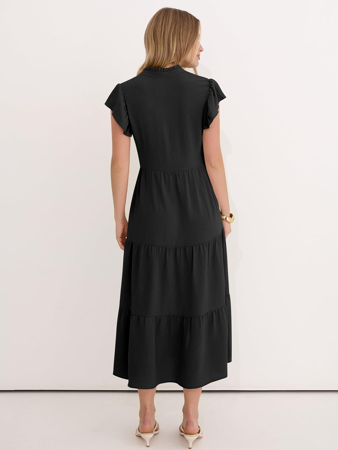 Caracilia Women Summer Casual V Neck Button Down Ruffle Sleeve Midi Dresses 2026 Fashion Flowy Tiered Beach Vacation Sundress - Image 5