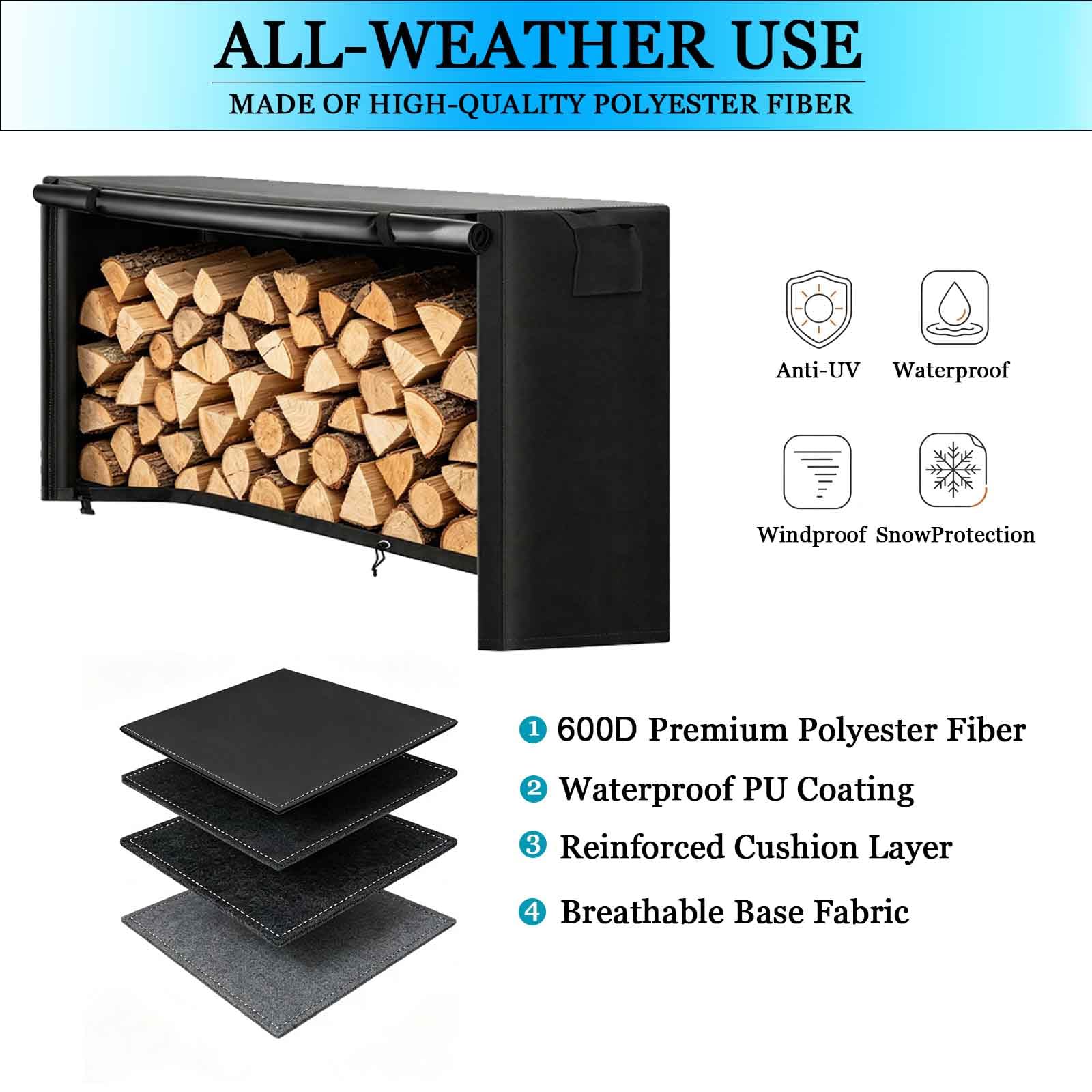 600D Copertura Impermeabile Oxford per Legna da Ardere | Uso Interno ed Esterno | con Cerniera e Doppio Sistema di Ventilazione (Non Include Portapacchi),Nero,152x61x122cm