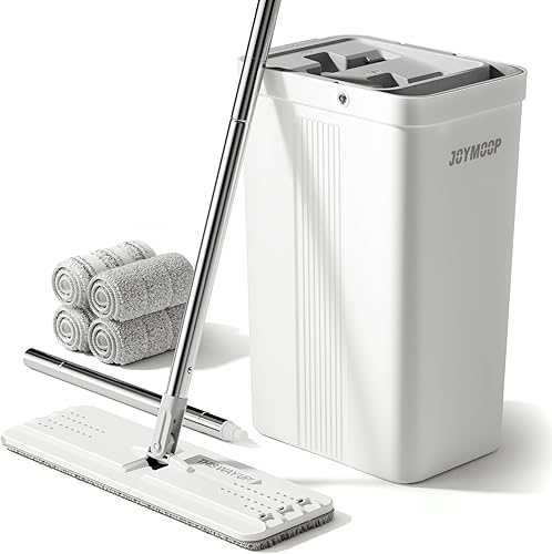 JOYMOOP Juego de trapeador y cubo con escurridor, juego de cubo de fregona plana blanca para limpieza de pisos, mopa húmeda y seca manos libres para