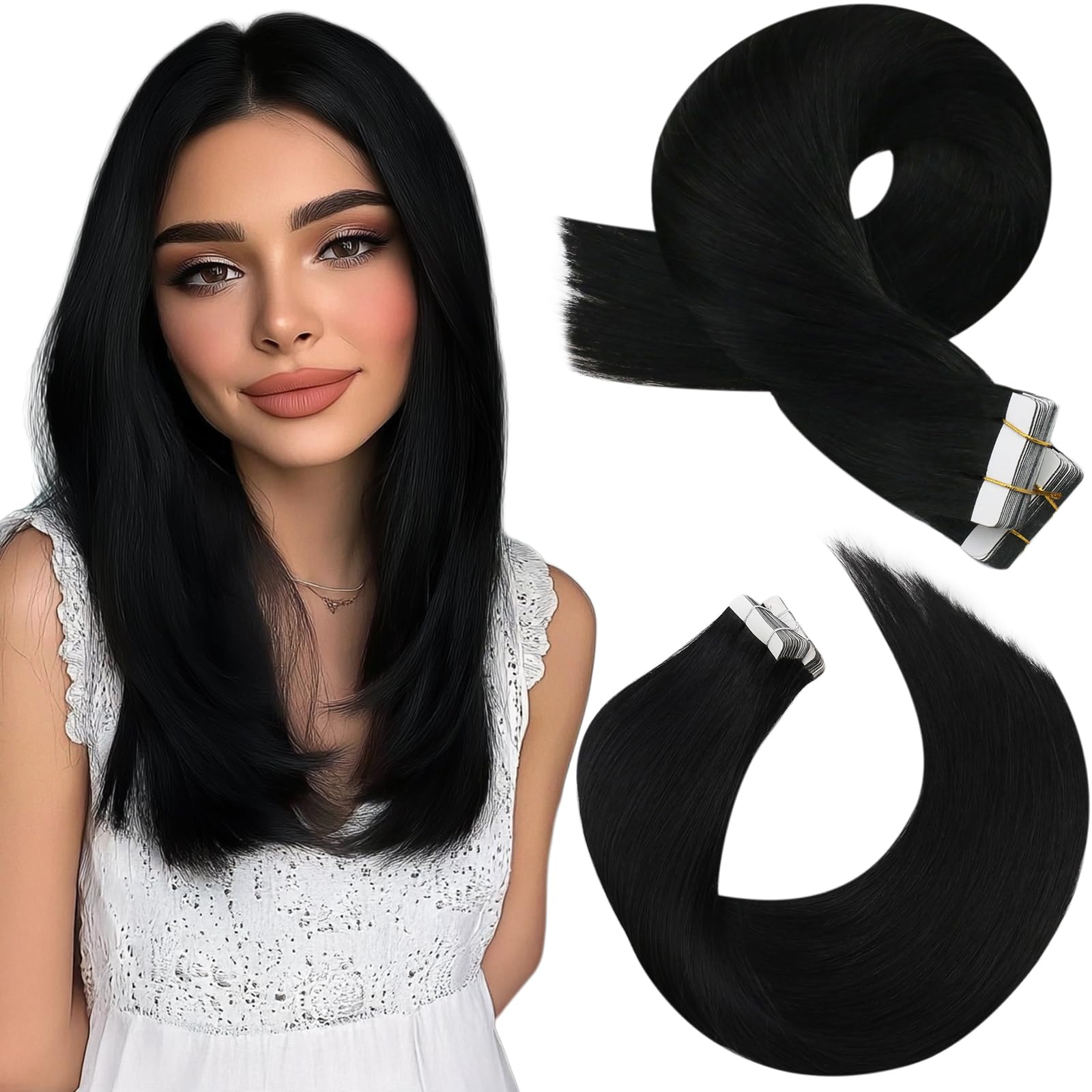 Moresoo Tape Hair Extensions Real Human Hair 18 Inch Jet Black Human Hair Extensions Tape in Black Remy Hair Straight Silky Soft for Women Natural Looking 20pcs/50g #1 — view 76