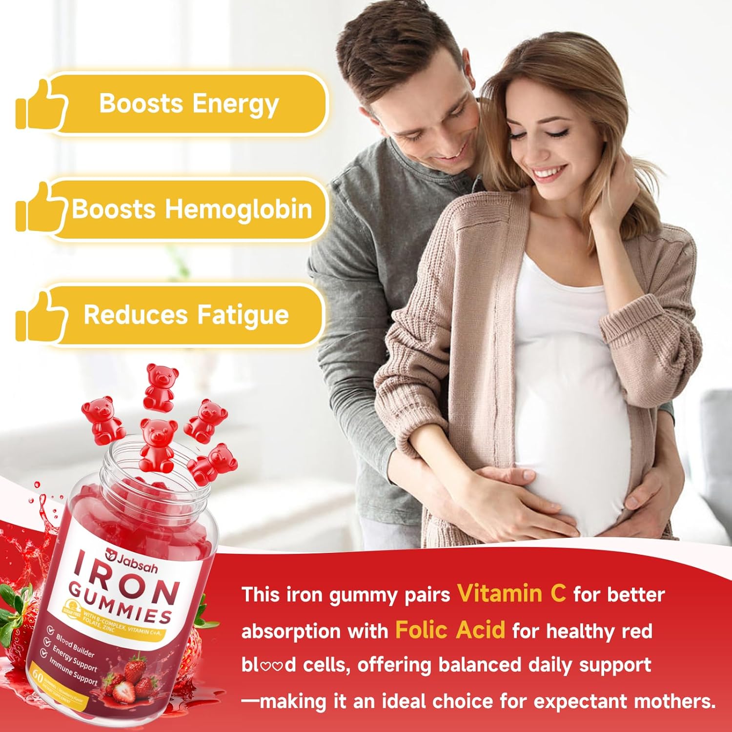 Vegan Iron Gummies for Women & Men, Iron Supplement with B-Complex, Vitamin C, A, Folate for Adults & Kids - Blood Builder & Energy Support & Immune Health - Strawberry Flavor, 120 Gummies - Image 5