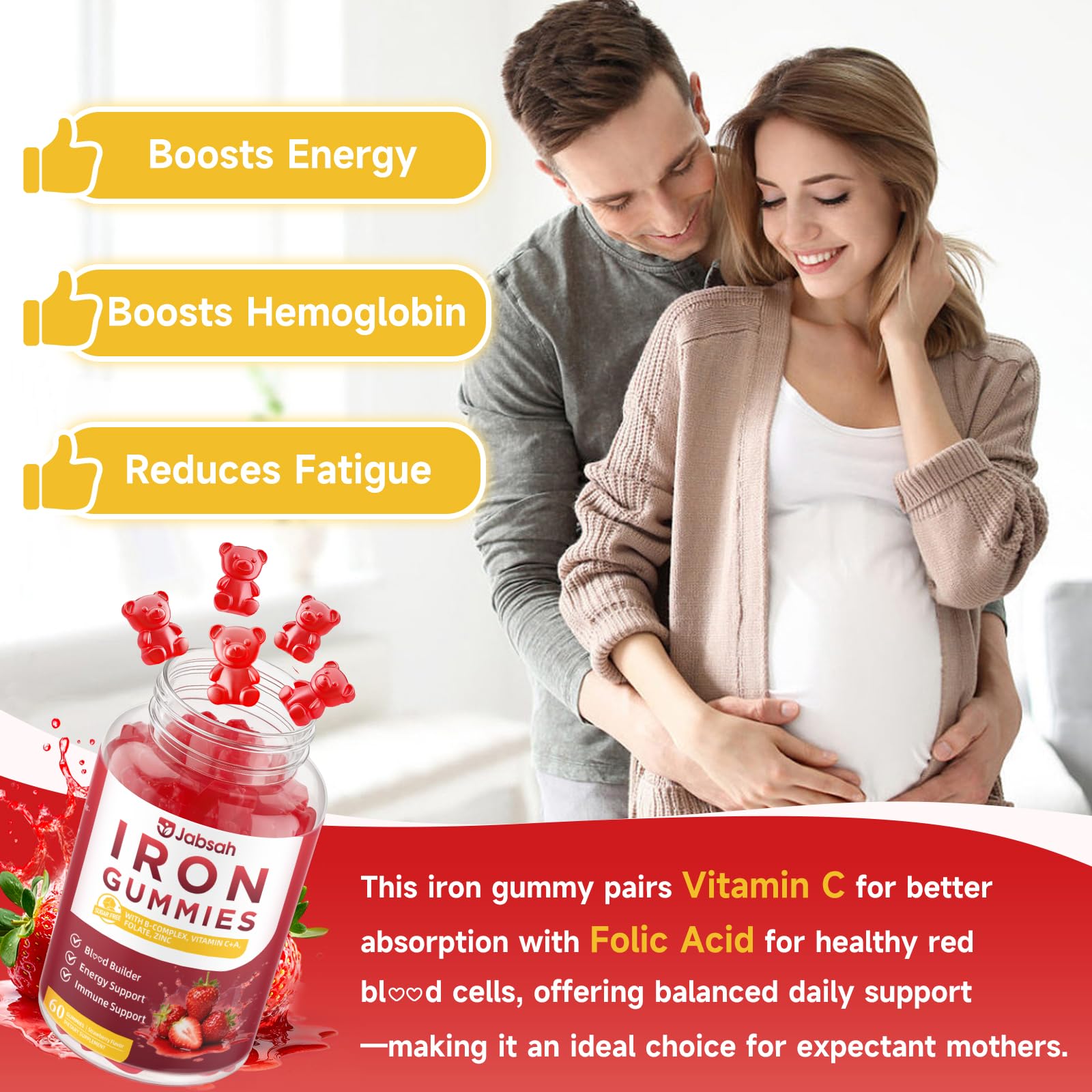 Vegan Iron Gummies for Women & Men, Iron Supplement with B-Complex, Vitamin C, A, Folate for Adults & Kids - Blood Builder & Energy Support & Immune Health - Strawberry Flavor, 60 Gummies — Amazon image 5
