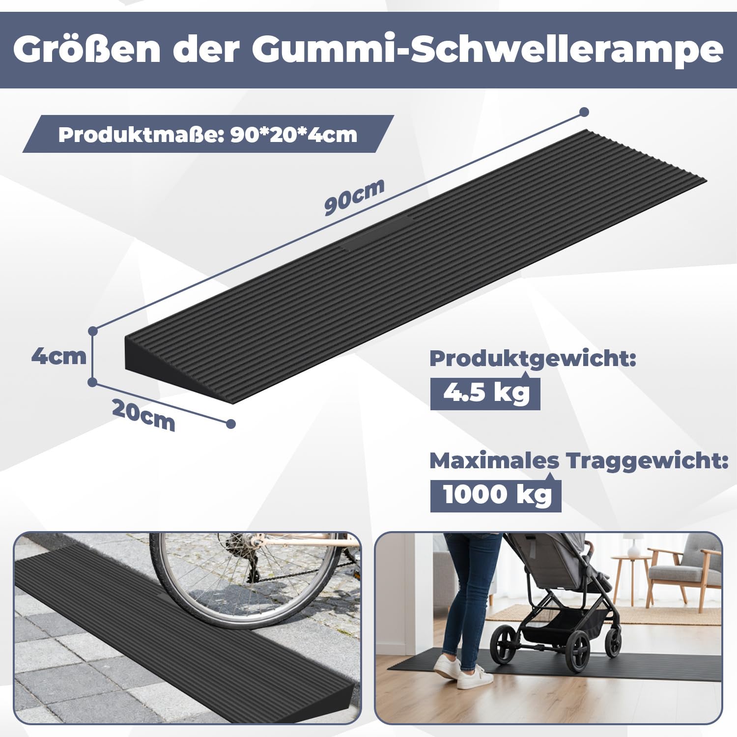 Türschwellenrampe,90x20x4cm Rollstuhlrampe aus Vollgummi bis 1,5t Kürzbare & rutschfeste Auffahrrampe für Saugroboter,Kinderwagen, Rollator, mit Doppelseitigem Klebeband