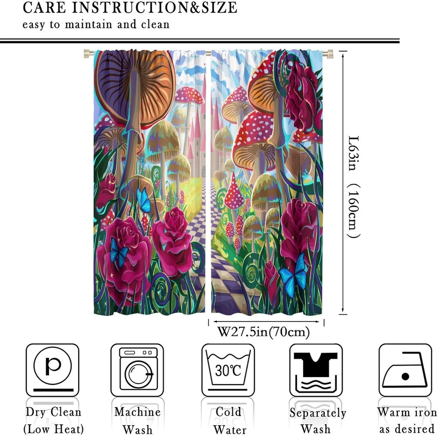 Fairy Tale Mushroom Curtains, Funny Colorful Fantastic Dreamy Castle Floral Pink Red Rose Butterfly, Blackout Rod Pocket Window Treatments for Living Room Bedroom Bathroom (27.5x63in) x2 Panels