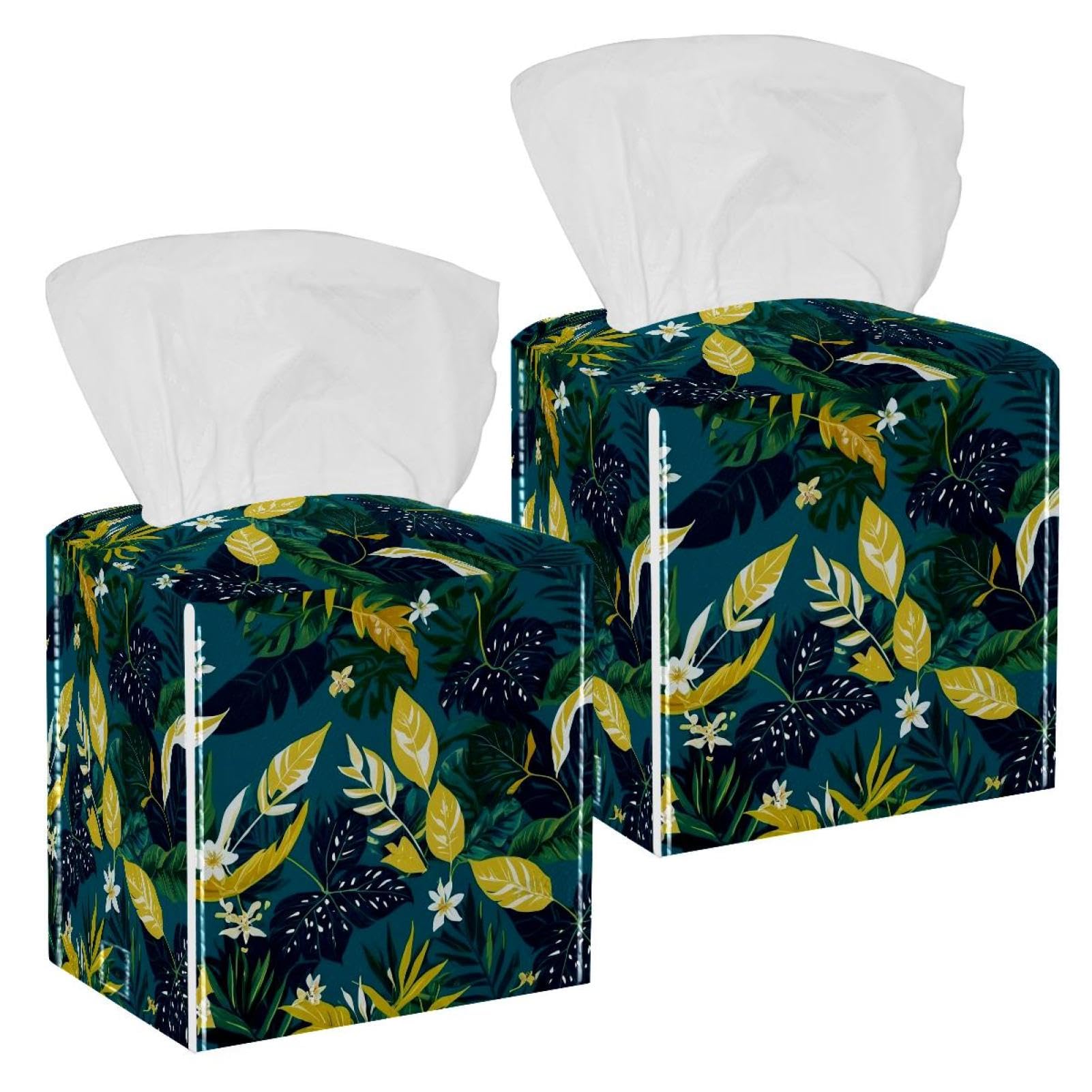 Artistic Leaves Tissue Box Cover, 2 Pack PU Leather Square Facial Tissue Dispenser Box holder for Home Office Car