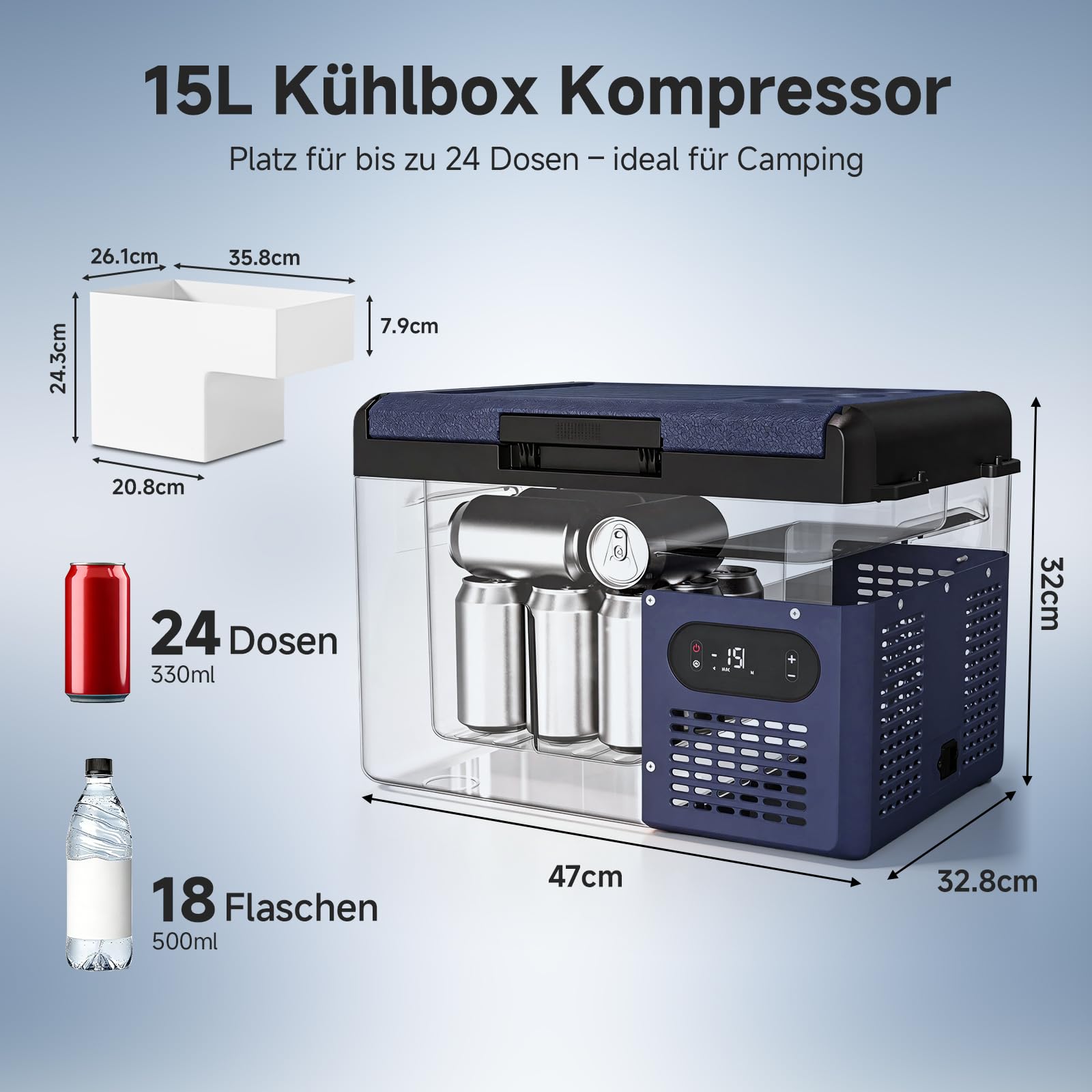 AAOBOSI Kompressor Kühlbox 15L, Tragbare Elektrische Kühlbox 12V/230V, IPX4 Wasserdicht, -20°C bis 20°C - Ideal für Auto, LKW, Boot, Camping, Reisen, Fischen, Garten & Outdoor-Aktivitäten