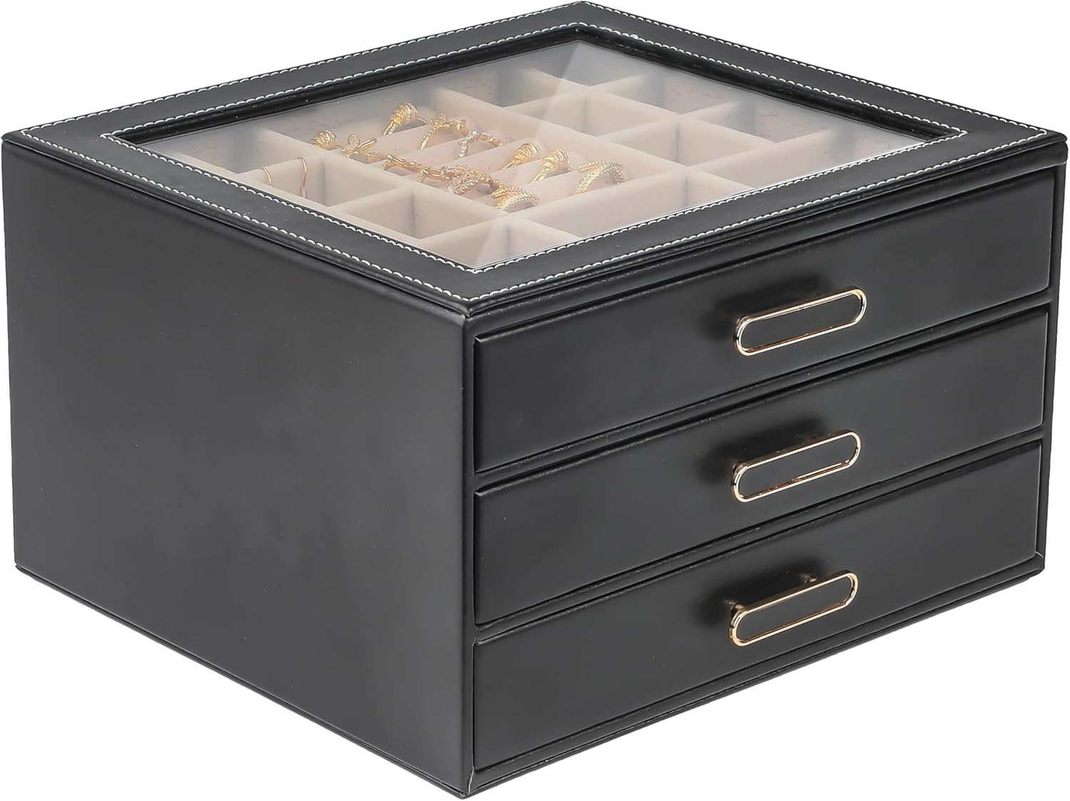 ASINGYER 3 Layer Jewelry Organizer Box with Glass Lids & 3 Drawers - Elegant Storage Solution for Necklace, Rings，Earrings, and Bracelets - Perfect for Women ASK-301 (Black)