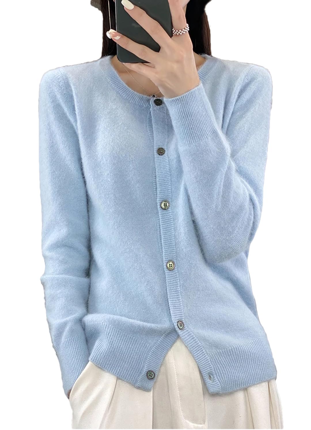 Cashmere Womens Solid Cardigan Crew Neck Sweater Autumn Winter Thick Knit Cardigan Sweater