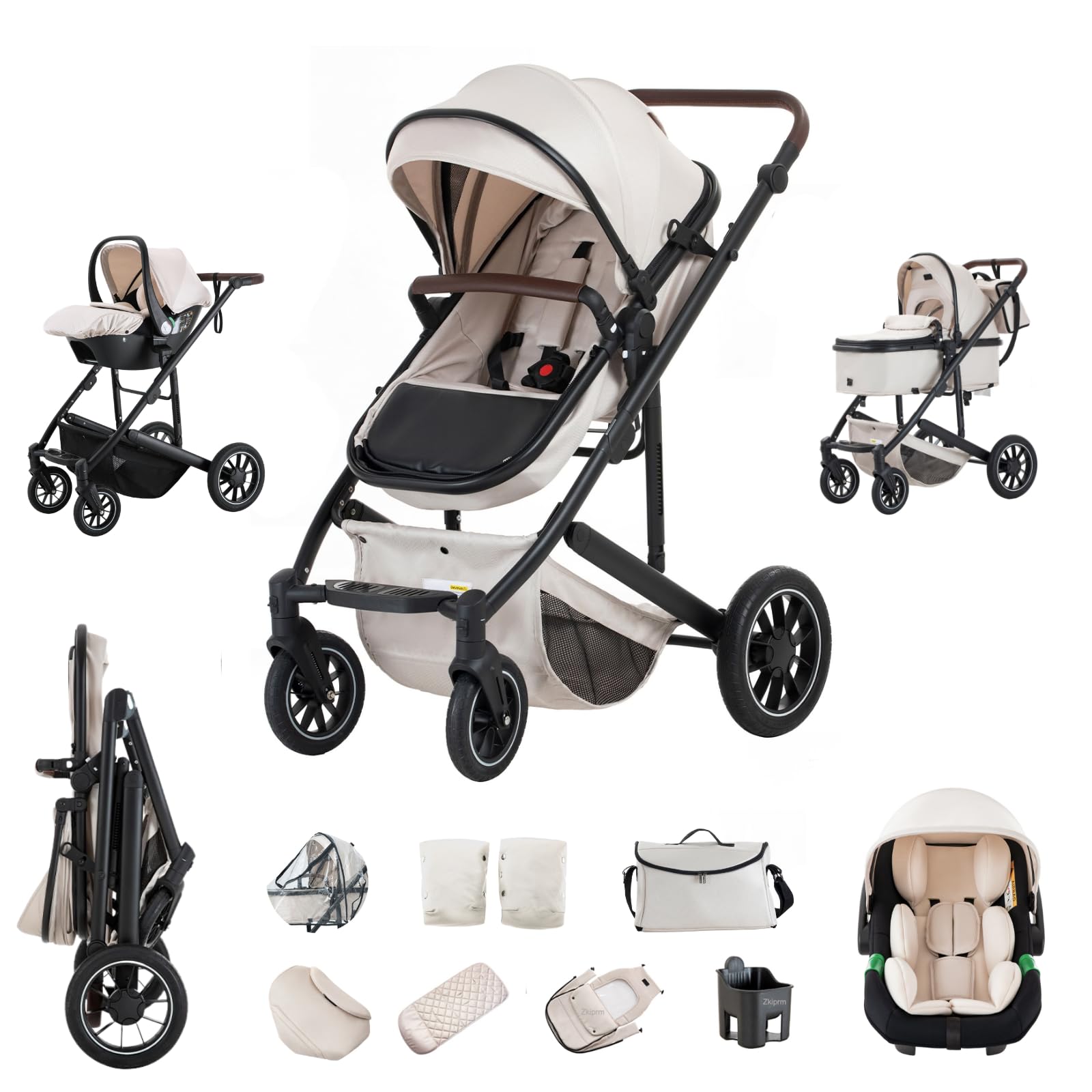 Zkiprm Carrito bebé 3 en 1 con Cochecito + Silla de Auto Incluye Mosquitera y Cubierta Impermeable para Lluvia, Capazo con Cubrepiés, Asa Ajustable, Chasis de Aluminio 0-48 Meses (Blanco)