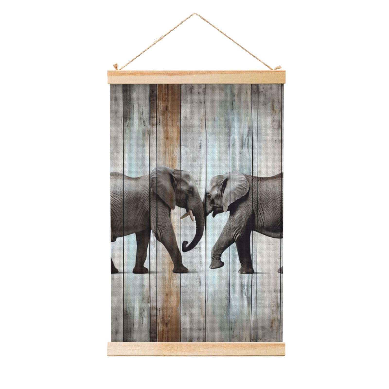 Elephant on Wood Posters Wooden Shaft Hanging Poster Canvas Prints Scroll Wall Art Painting Vintage Wall Banner Modern Artwork Decor for Home Decor Ready to Hang 20"x30"